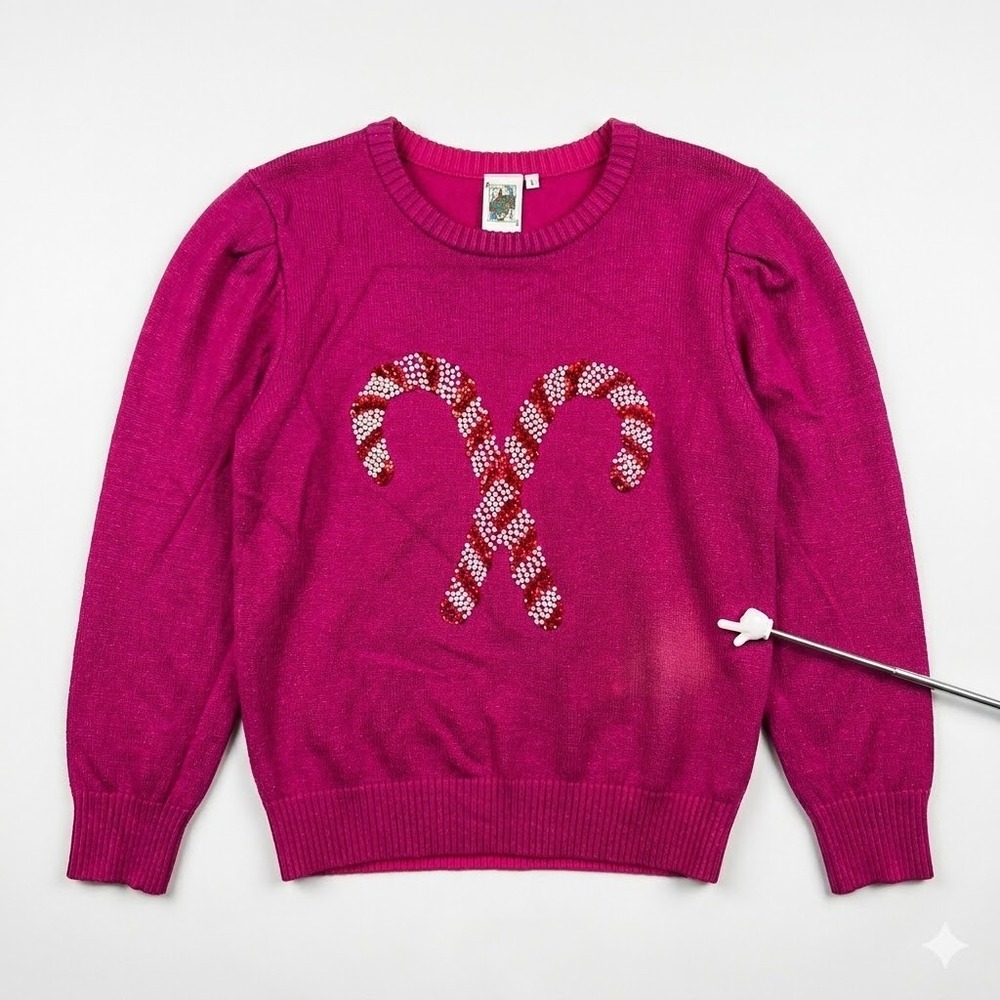Queen of Sparkles Pink Candy Cane Sequin Pearl Sweater Womens Large - IW